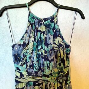 London Times Mesh Maxi Dress Womens Size 6 P Blue Floral Halter Sundress